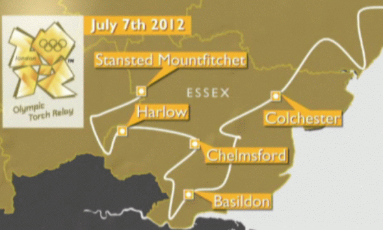 Map of the Olympic torch relay route through Essex