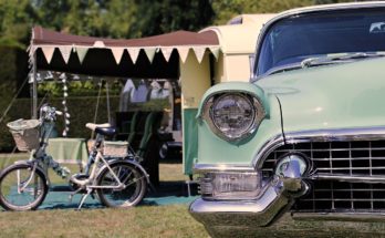 Essex campsite with classic car and caravan