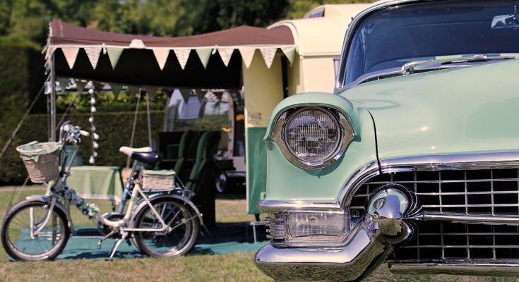 Essex campsite with classic car and caravan